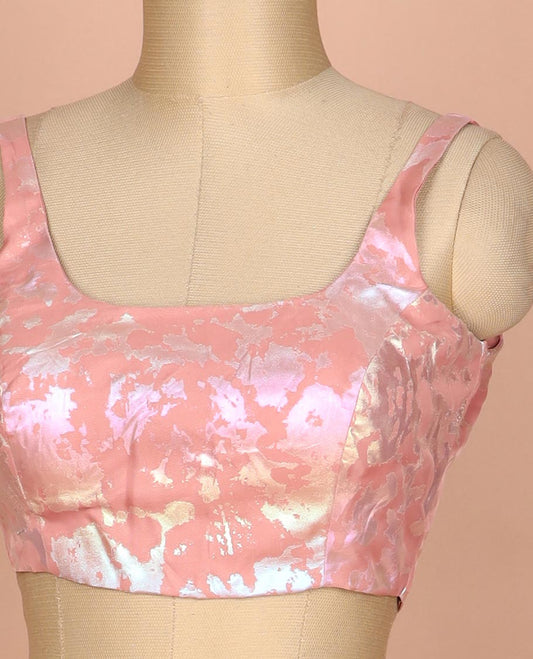 Pinkish peach abstract style foil printed round neck thick strap sleeveless readymade blouse