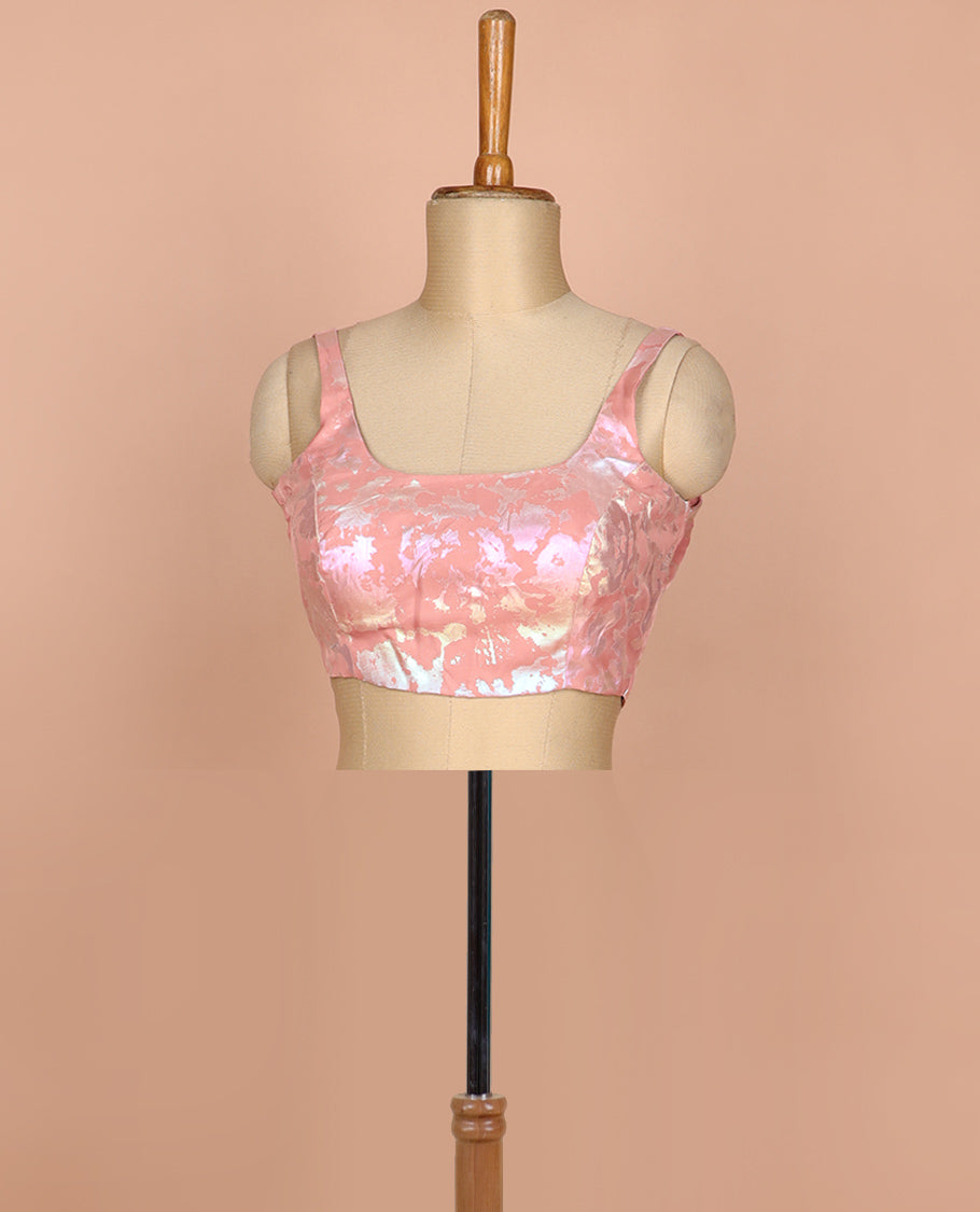 Pinkish peach abstract style foil printed round neck thick strap sleeveless readymade blouse