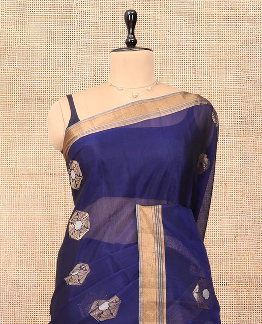 Blue Silk Cotton Saree, Beautifully Bedecked with Hexogon Zari Buttas, a Contrast Zari Border, Intricate Pallu, and a Contrast Blouse