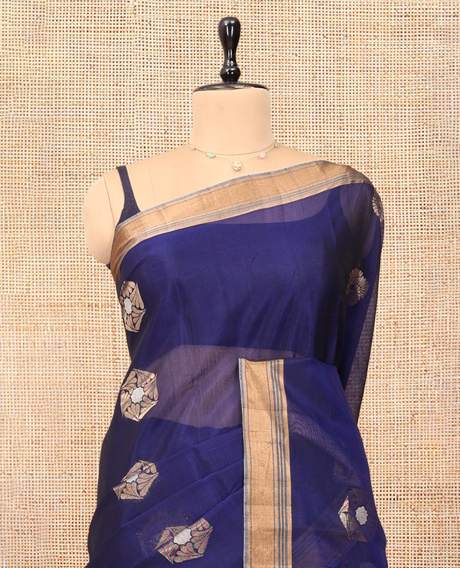 Blue Silk Cotton Saree, Beautifully Bedecked with Hexogon Zari Buttas, a Contrast Zari Border, Intricate Pallu, and a Contrast Blouse