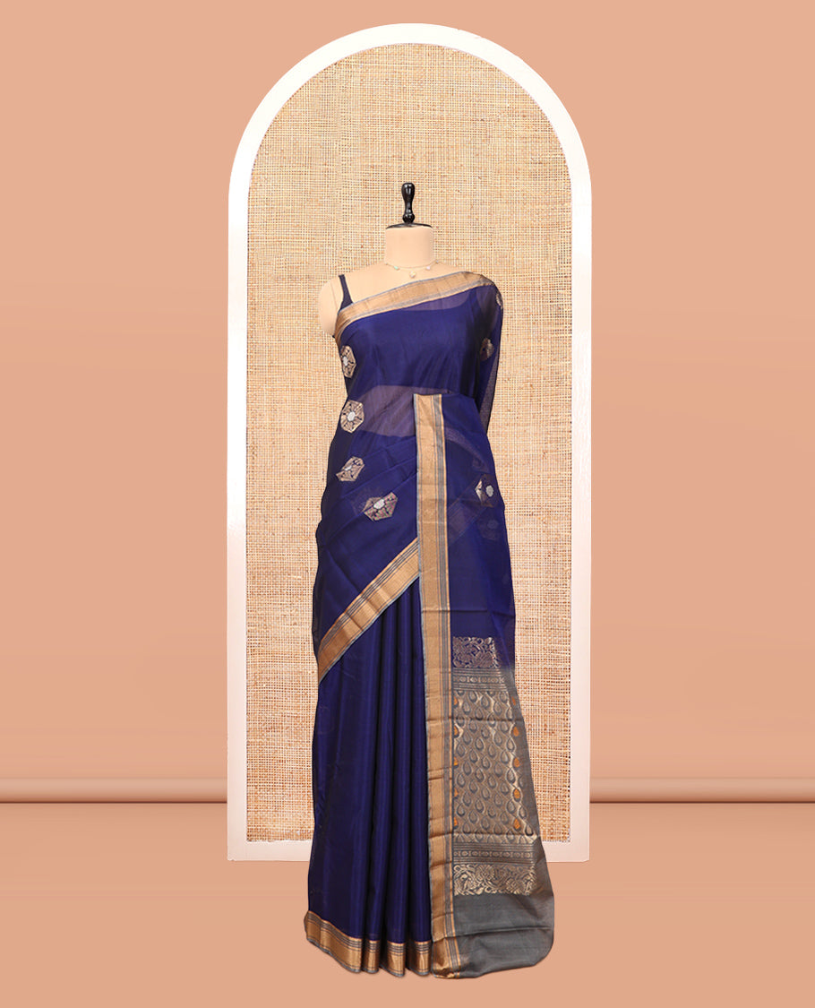 Blue Silk Cotton Saree, Beautifully Bedecked with Hexogon Zari Buttas, a Contrast Zari Border, Intricate Pallu, and a Contrast Blouse