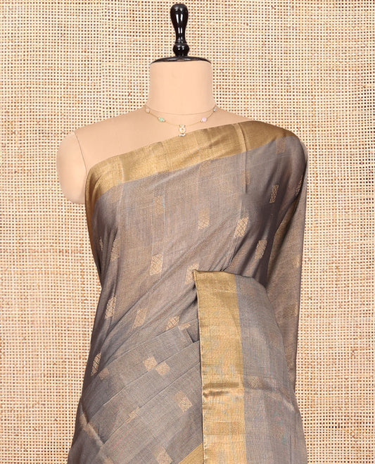 Grey Silk Cotton Saree, Woven with Buttas, a Subtle Bavanji Border, Pallu of Intricate Designs, and Matching Blouse