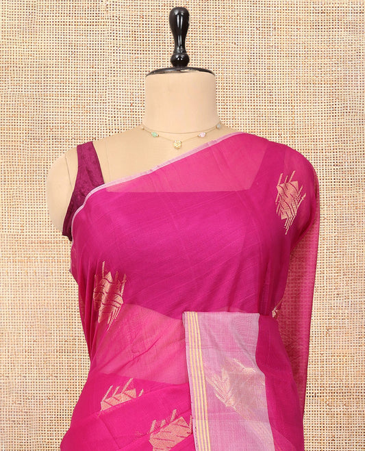 Pink Cotton Saree, Delicately Woven with Zari Buttas, a Contrast Zari Border, a Chevron Pallu, and a Contrast Blouse