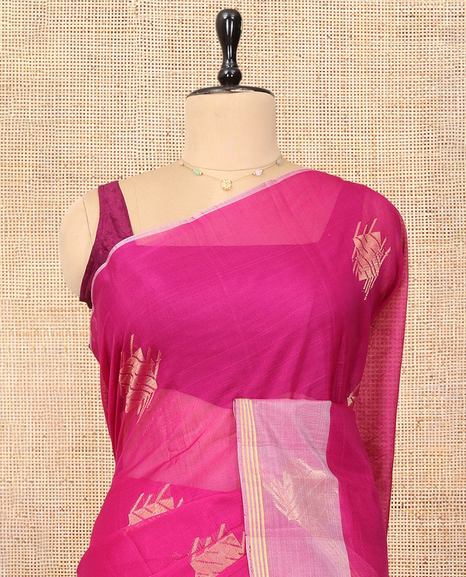 Pink Cotton Saree, Delicately Woven with Zari Buttas, a Contrast Zari Border, a Chevron Pallu, and a Contrast Blouse