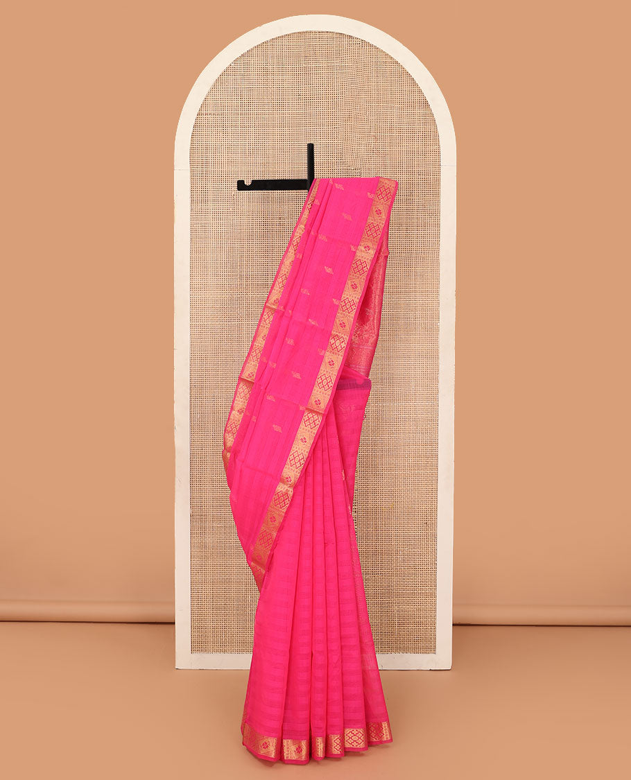 Pink buttas silk cotton saree, traditional zari border, and floral design pallu