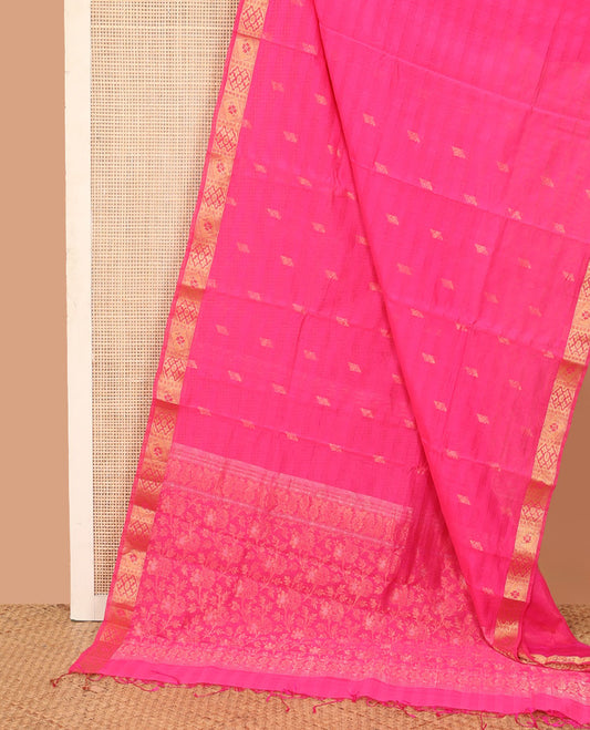 Pink buttas silk cotton saree, traditional zari border, and floral design pallu