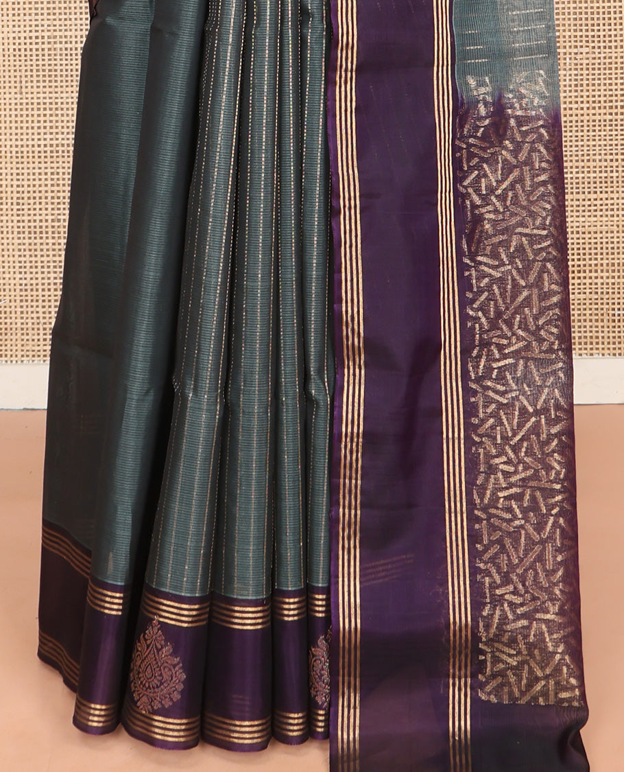 Grey Silk Cotton Saree, Subtly Sparkled With Stripes All Over Its Body Complemented by Contrast Zari Motifs Woven Border, Geometric Patterned Pallu and Paired with a Contrast Blouse