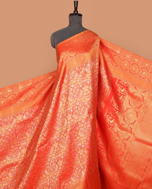 Red jacquard silk saree, zari border of rekku,rettai neli,jaal,kodi visiry,round yaanai & round mayil & intricate pallu