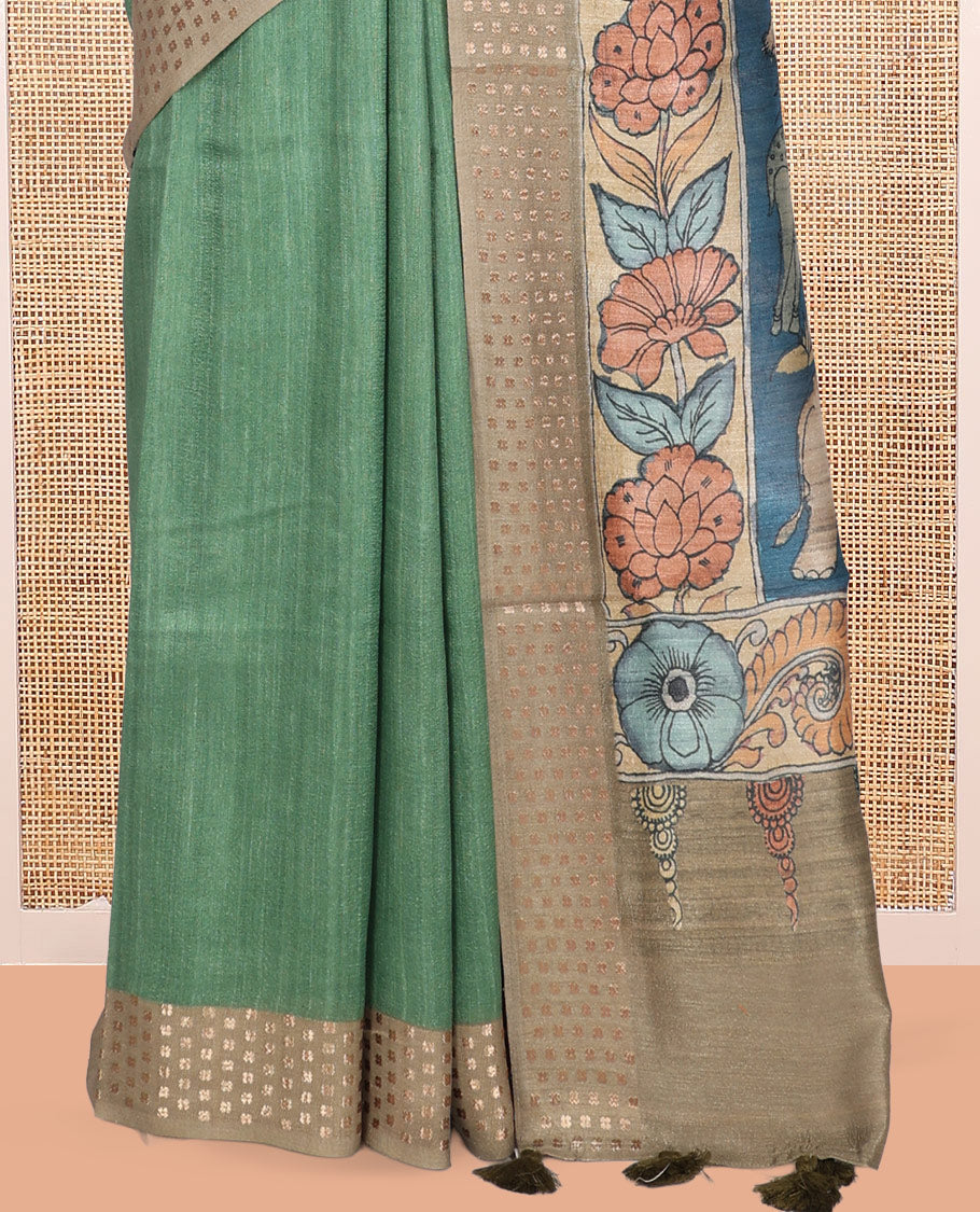 Green Plain Fancy Tussar Silk Saree, Contrast Triangle Motif Border, Pallu of Kalamkari Animal Motifs, and Contrast Kalamkari Printed Blouse