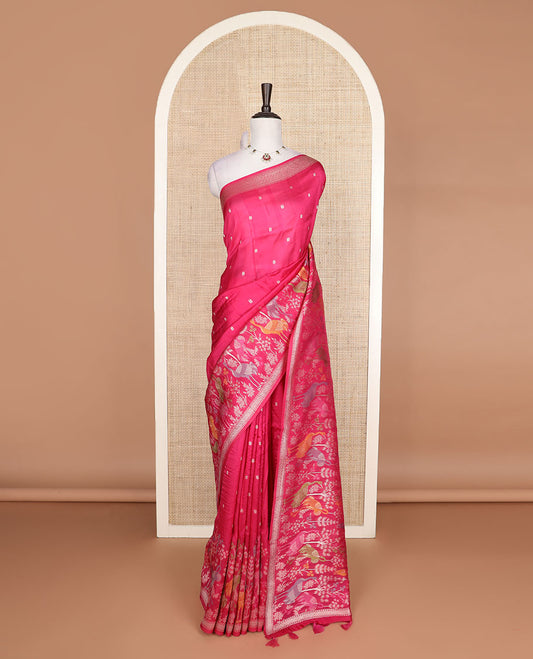 Rani pink floral, and swan meenakari design Matka silk saree, traditional border, and pallu of swan, and floral designs