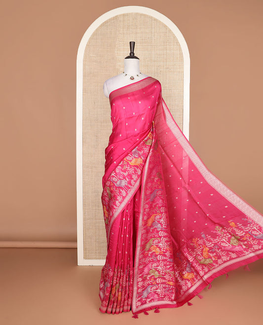 Rani pink floral, and swan meenakari design Matka silk saree, traditional border, and pallu of swan, and floral designs