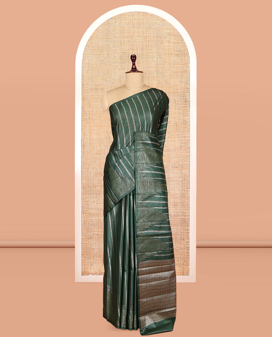 Borderless Green Tusser Silk Saree, Embellished with Zari Stripes and Temple Design, a Grand Jaal Pallu, and a Matching Blouse