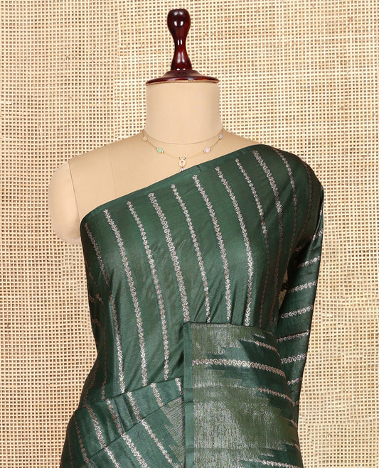 Borderless Green Tusser Silk Saree, Embellished with Zari Stripes and Temple Design, a Grand Jaal Pallu, and a Matching Blouse