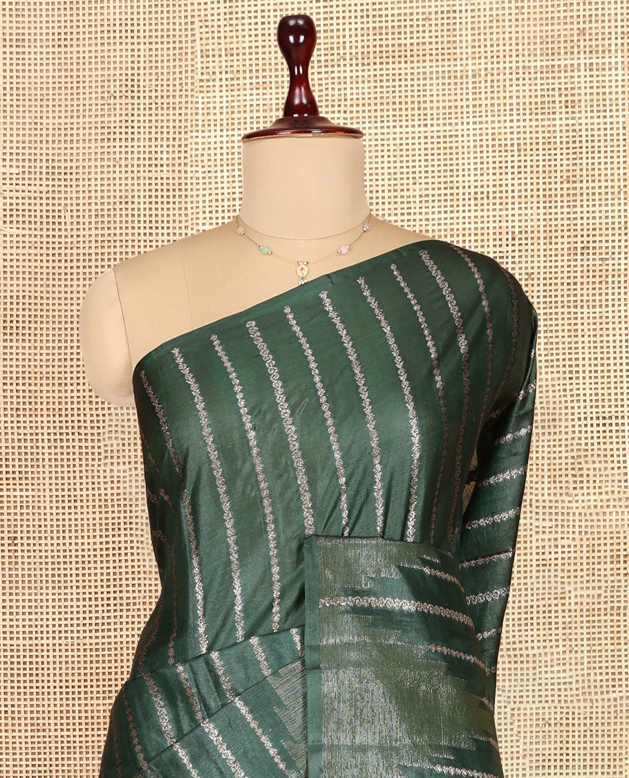 Borderless Green Tusser Silk Saree, Embellished with Zari Stripes and Temple Design, a Grand Jaal Pallu, and a Matching Blouse