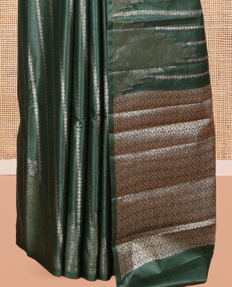 Borderless Green Tusser Silk Saree, Embellished with Zari Stripes and Temple Design, a Grand Jaal Pallu, and a Matching Blouse