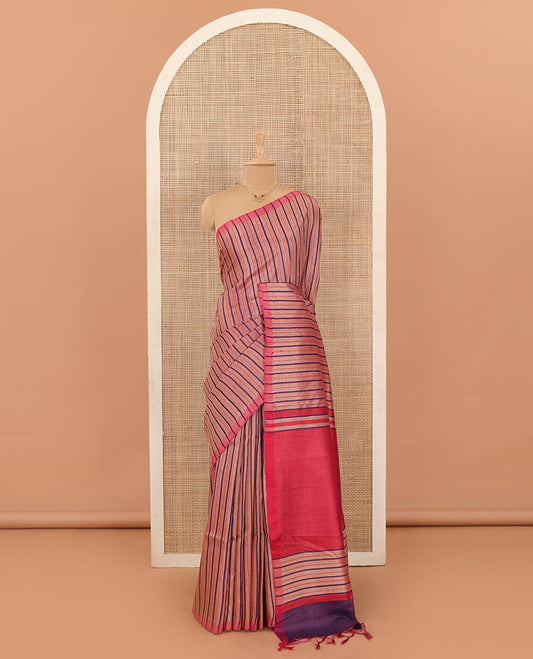 Borderless peach striped tussar silk saree, contrast plain pallu