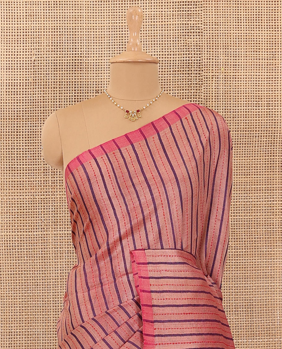 Borderless peach striped tussar silk saree, contrast plain pallu