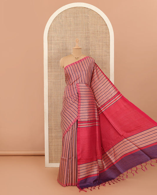 Borderless peach striped tussar silk saree, contrast plain pallu