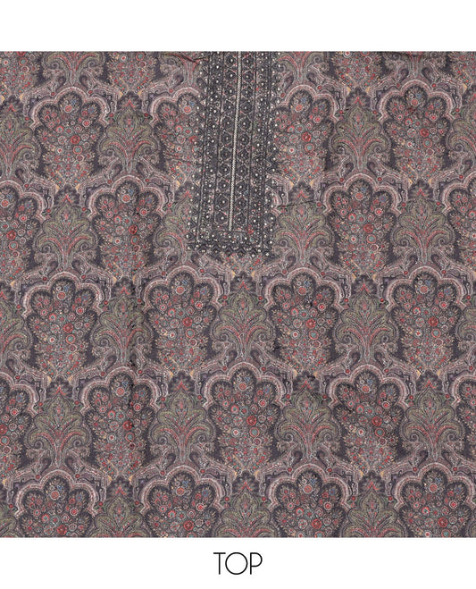 Black material chudidar set, intricately paisleys printed and neck work top, plain bottom and sequins striped dupatta