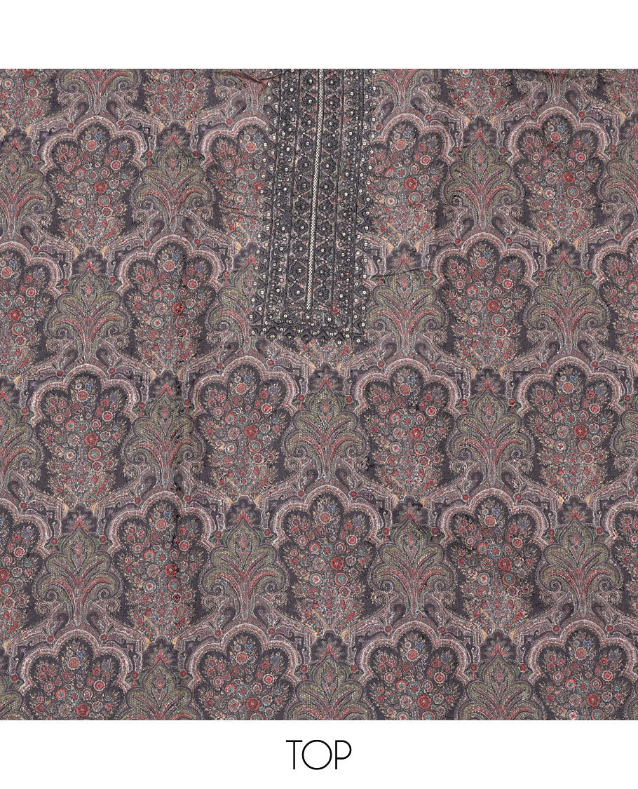 Black material chudidar set, intricately paisleys printed and neck work top, plain bottom and sequins striped dupatta