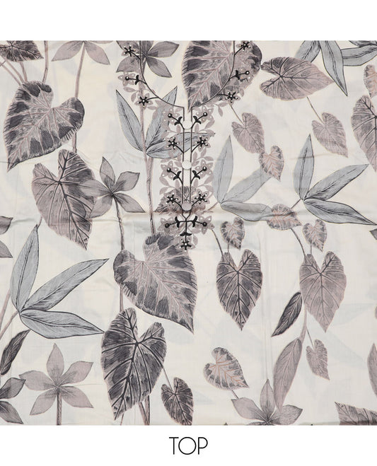 Cream material churidar set, floral print and embroidered top, plain bottom, and a floral embroidered dupatta