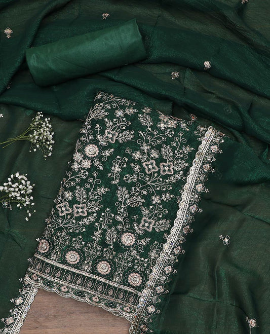 Green material chudidar set, floral jaal heavy embroidered top, plain bottom and sequins embroidered scallop duppata
