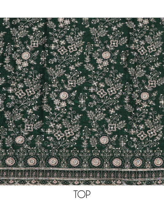 Green material chudidar set, floral jaal heavy embroidered top, plain bottom and sequins embroidered scallop duppata