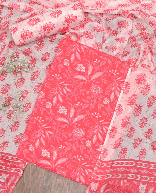 Pink chudidhar material set floral vine design top with batik floral print bottom & floral batik print dupatta