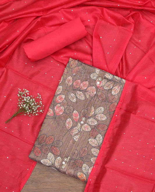 Brown chudidhar material set leaf printed top, contrast plain bottom & sequins embroidery dupatta