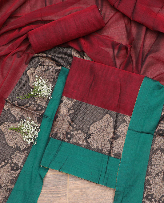 Maroon wedding design chudidhar material top with plain bottom & plain, zari design border dupatta