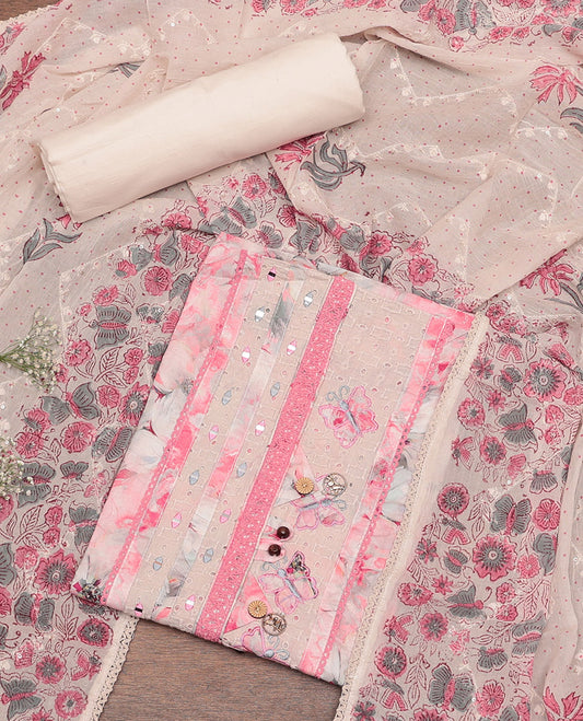 Chikku-Pink Cotton Material Churidar Set Features Floral Print and Neck Patch Top, Contrast Bottom, and Print-Embroidered Dupatta