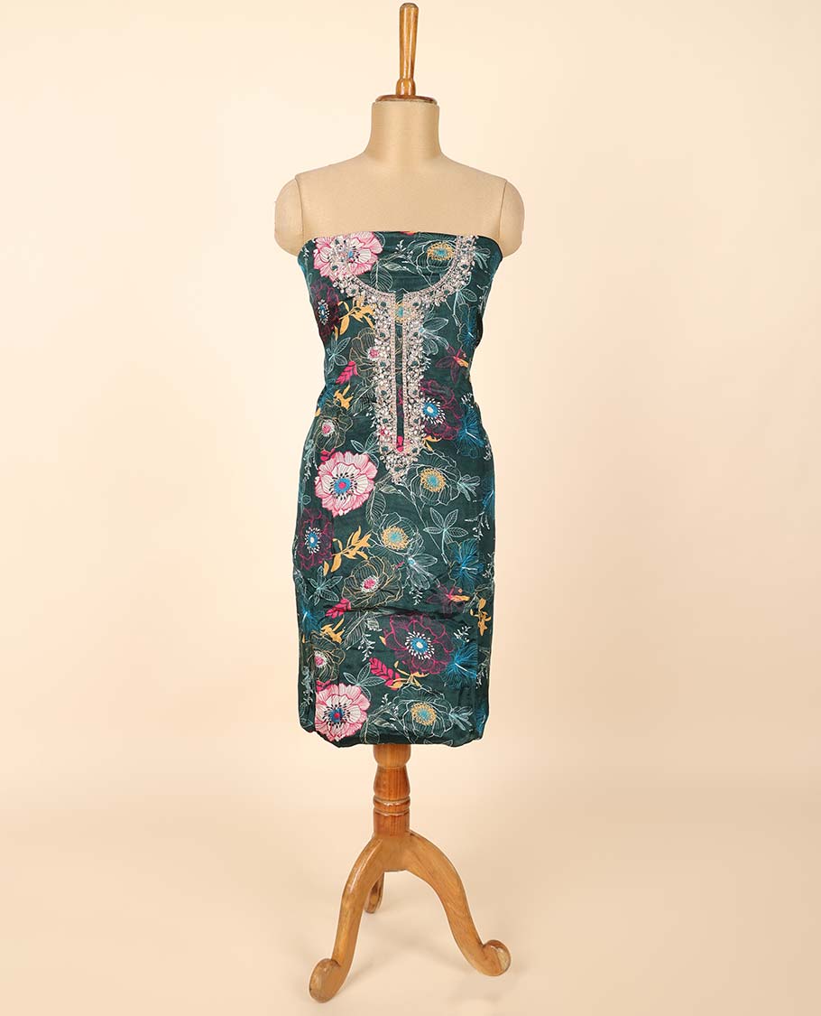 Green material chudidhar set, floral print & embroidered top, plain bottom & embroidered dupatta