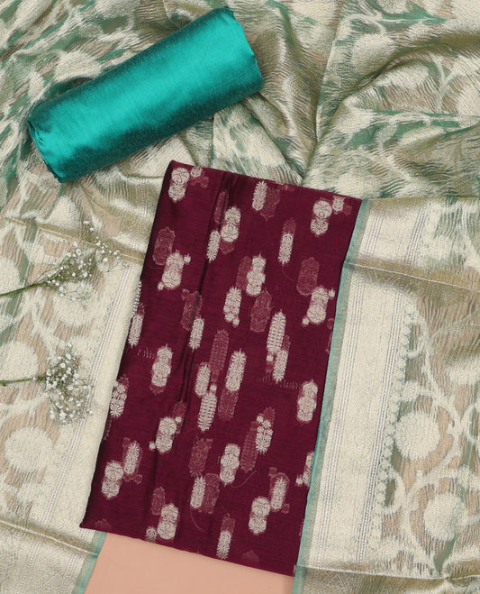 Maroon chududhar material set , floral motifs top, Green plain bottom & floral vine zari design dupatta