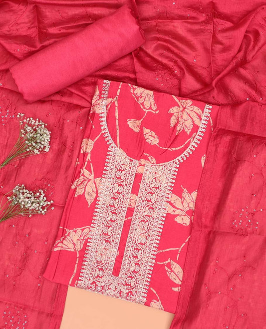 Red chudidhar material set floral thread embroidered with sequins top with plain bottom & sequins embroidered dupatta