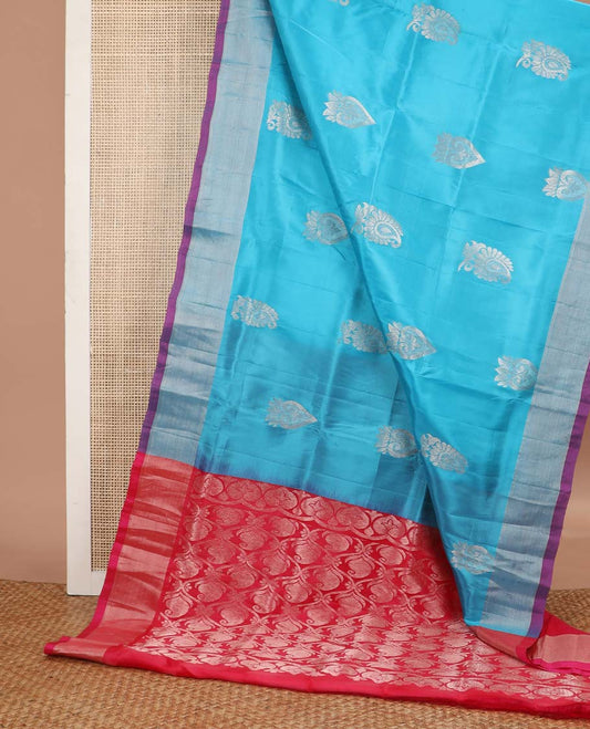 Sky blue motifs uppada silk saree with self zari border & paisley design pallu