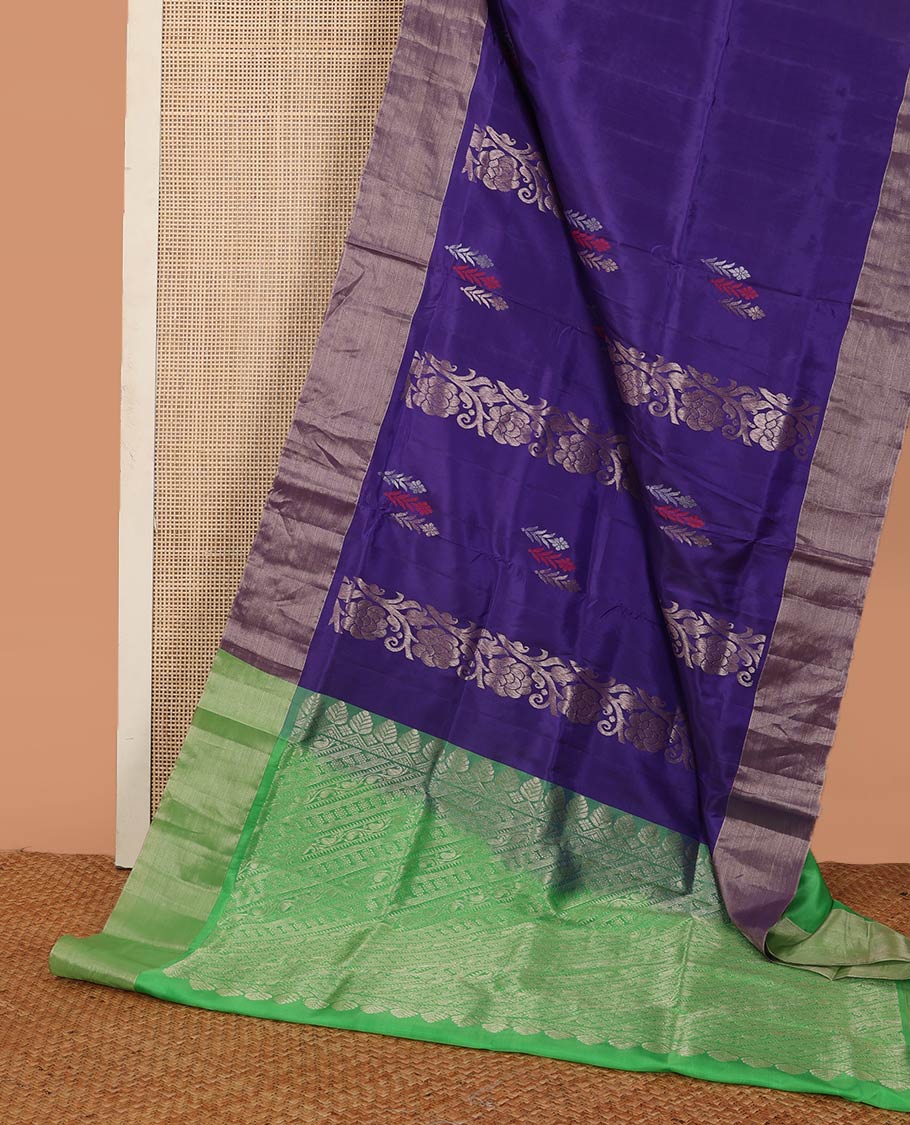 Violet zari buttas and zari design Uppada saree, bavanji border, and contrast traditional zari pallu