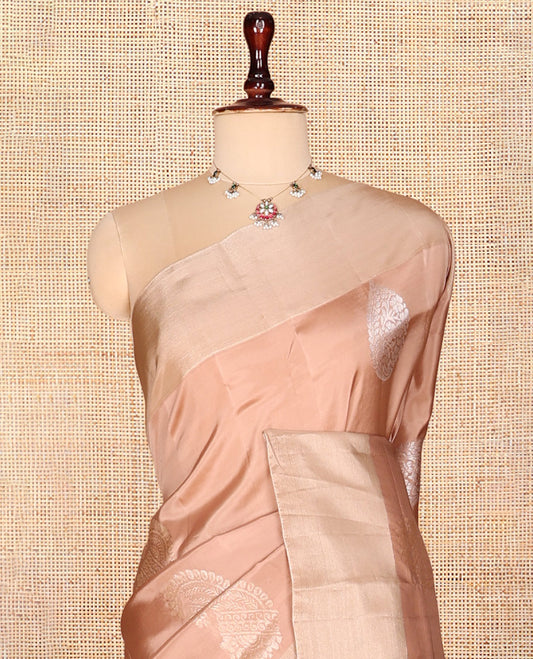 Peach Semi Uppada Saree, Ornamented with Zari Buttas, a Bavanji Border, Contrast Diagonal Leaf Vine Pallu, and a Contrast Blouse