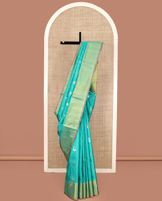 Green Venkatagiri Silk Saree, Subtly Sparkled with Zari Buttas All Over Its Body, Complemented by a Contrast Zari Border, Grand Pallu, and Paired with a Contrast Blouse