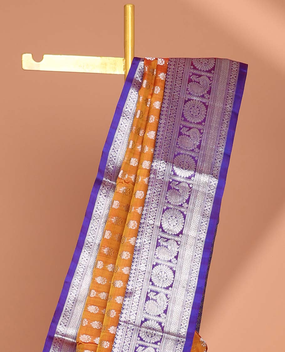 Brown Floral motifs vengatagiri pure silk saree , contrast traditional border & zari jaal design pallu