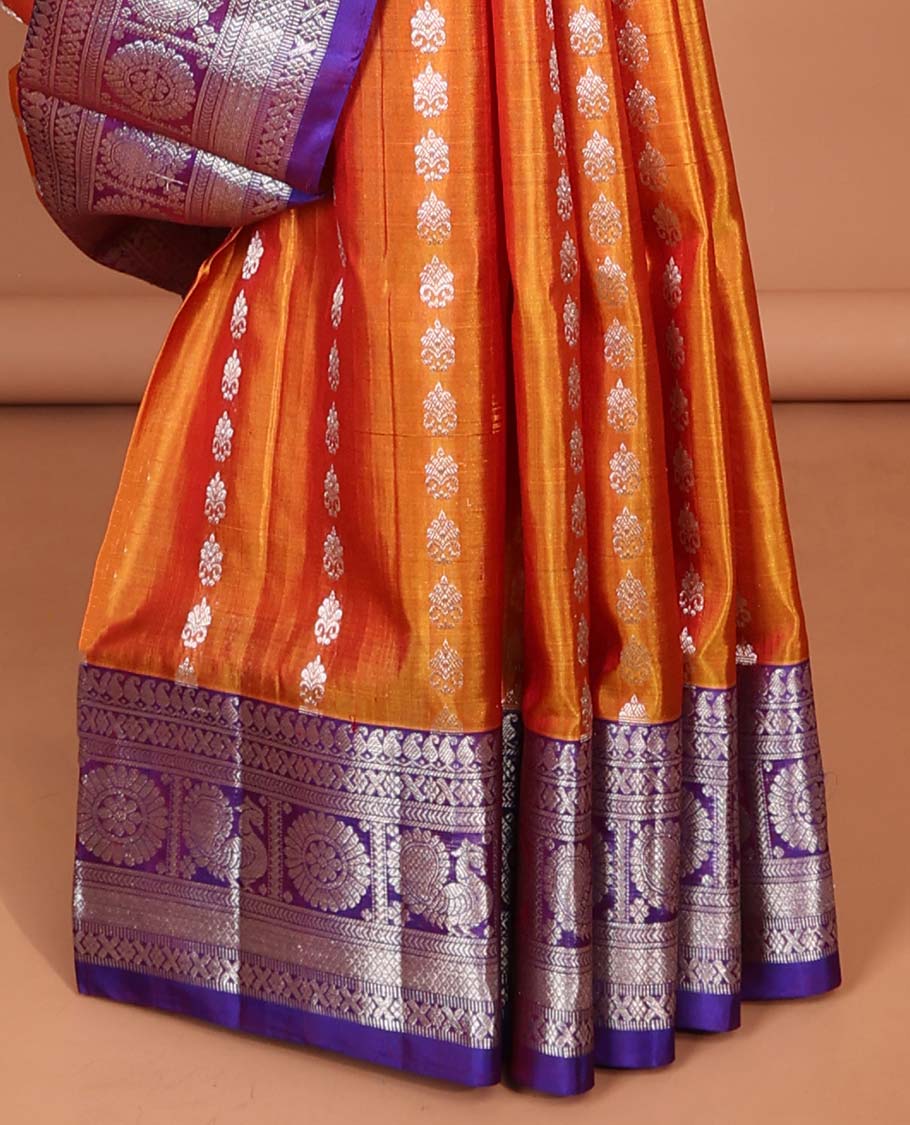 Brown Floral motifs vengatagiri pure silk saree , contrast traditional border & zari jaal design pallu
