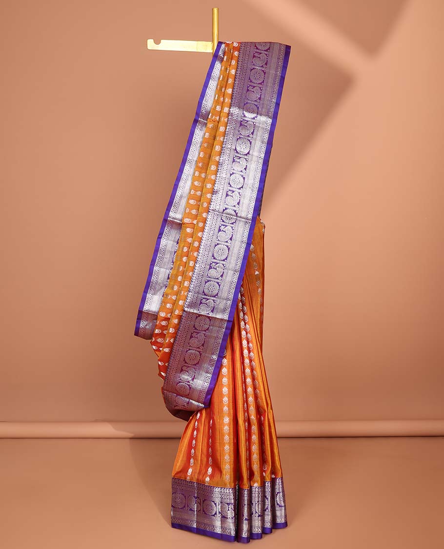 Brown Floral motifs vengatagiri pure silk saree , contrast traditional border & zari jaal design pallu