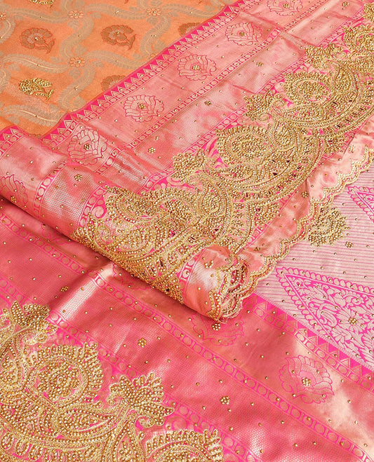 Orange floral jacquard vastrakala silk saree with stone work, contrast floral stone work scallop border & floral design in stone work pallu
