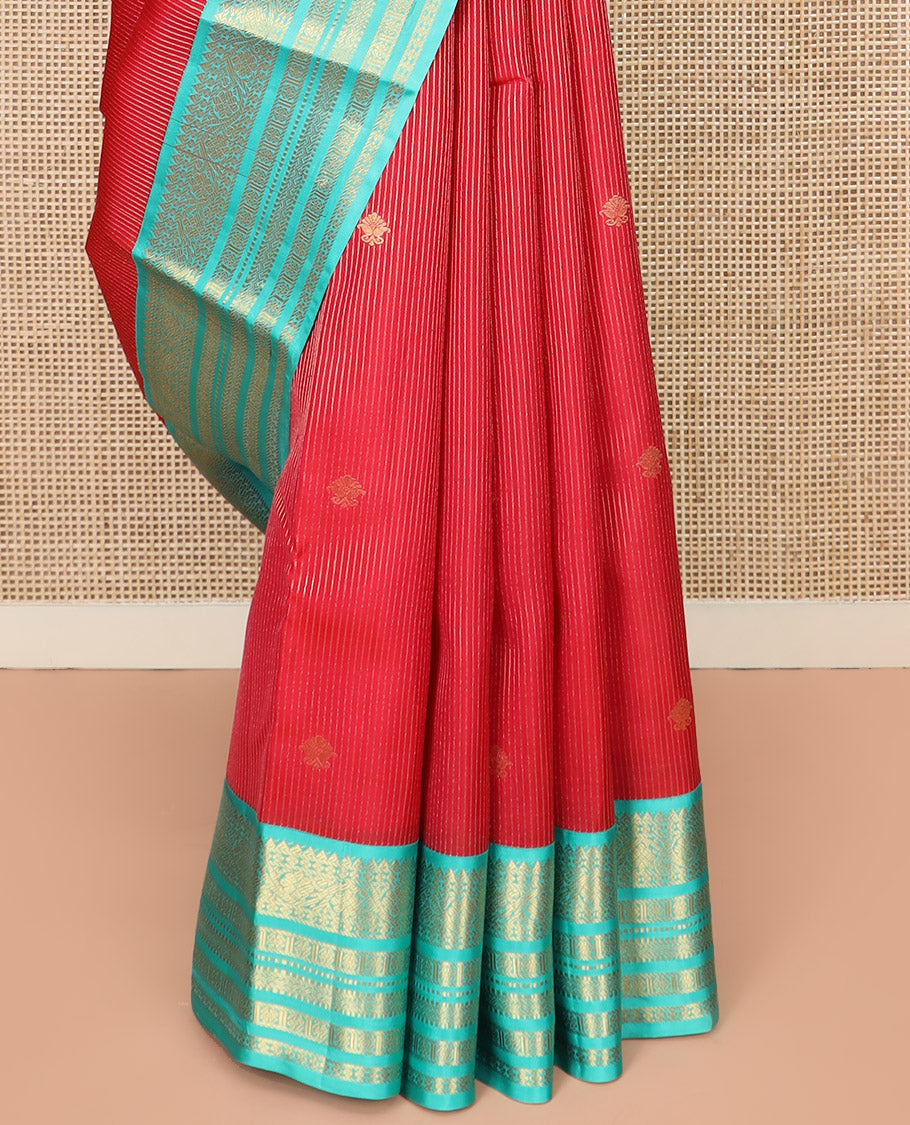 Red Vasundhara Lite Silk Mix Saree, Meticulously Crafted with Zari Buttas and Zari Stripes, Complemented by Contrast Border of Rekku, Rudraksham, Kodi Visiry, Muthu, and Kamalam Designs, Pallu Featuring Scallop Designs, and Paired with a Contrast Blouse