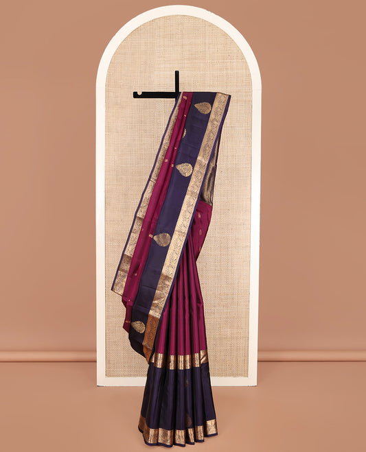 Purple Vasundhara Lite Silk Mix Saree, Beautified with Zari Buttas on Its Body, Complemented by a Contrast Border of Salngai, Kamalam, and Round Mayil Designs, Jaal-Patterned Pallu, and Paired with a Contrast Blouse