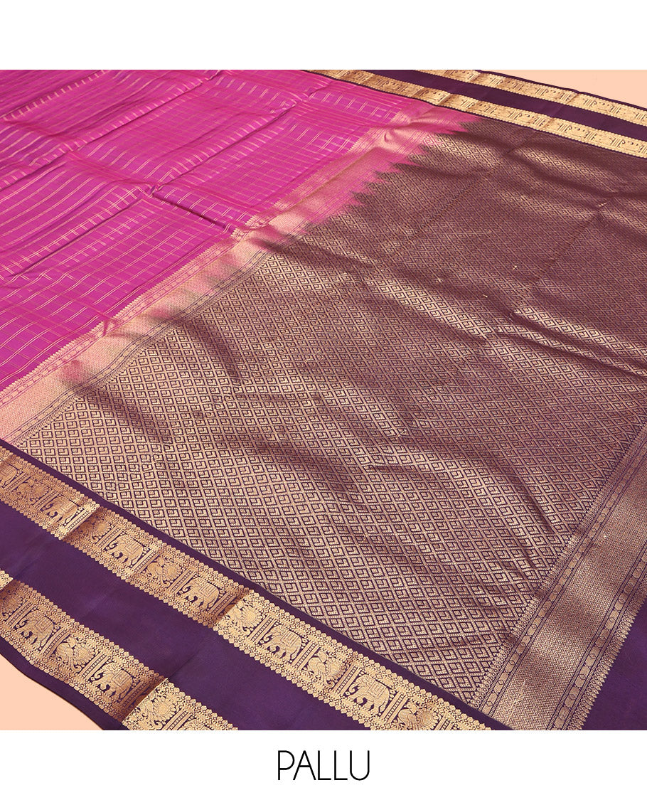 Pink Vasundhara Lite Silk Mix Saree, Woven with Zari Checks, Complemented by a Contrast Rettai Pettu Border of Thilakam Mokku, Yaanai, and Mayil, Jaal Pallu, and a Contrast Blouse