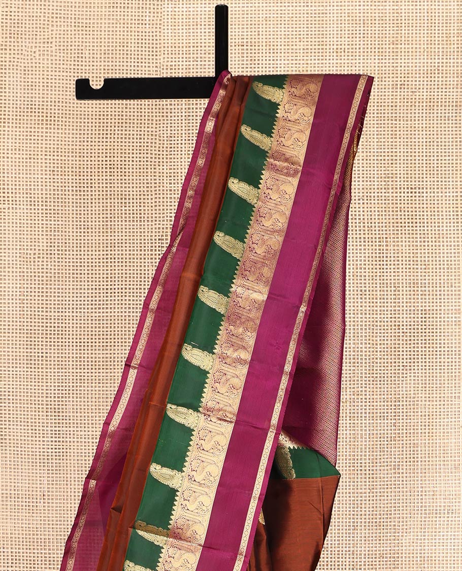Rust Vasundhara Lite-Silk Mix Saree, Graced with Zari Buttas, Complemented by a Contrast Rettai Pettu Border of Manga, Mayil, Kamalam, and Muthu Designs, Grand Pallu, and a Contrast Blouse