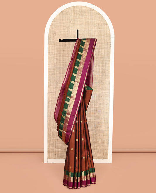 Rust Vasundhara Lite-Silk Mix Saree, Graced with Zari Buttas, Complemented by a Contrast Rettai Pettu Border of Manga, Mayil, Kamalam, and Muthu Designs, Grand Pallu, and a Contrast Blouse