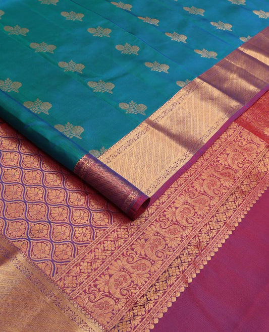 Blue zari buttas Vasundhara silk mix saree, contrast border of kodi visiry, and Greek key designs, and ogee patterned pallu