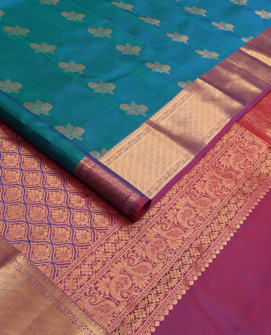 Blue zari buttas Vasundhara silk mix saree, contrast border of kodi visiry, and Greek key designs, and ogee patterned pallu