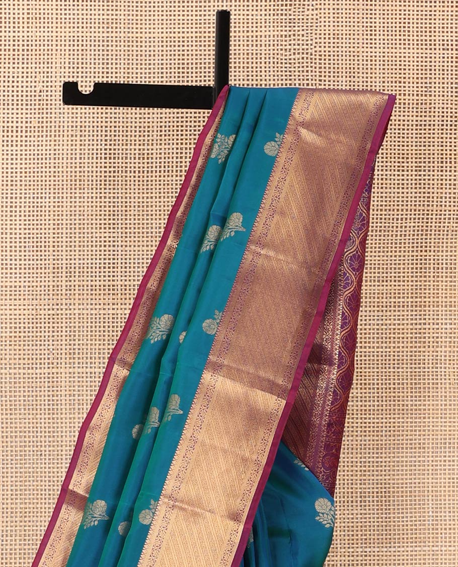 Blue zari buttas Vasundhara silk mix saree, contrast border of kodi visiry, and Greek key designs, and ogee patterned pallu